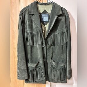 Vintage RARE Micheal Hogan North Beach Fringe Suede Green Western Jacket Sz11/12